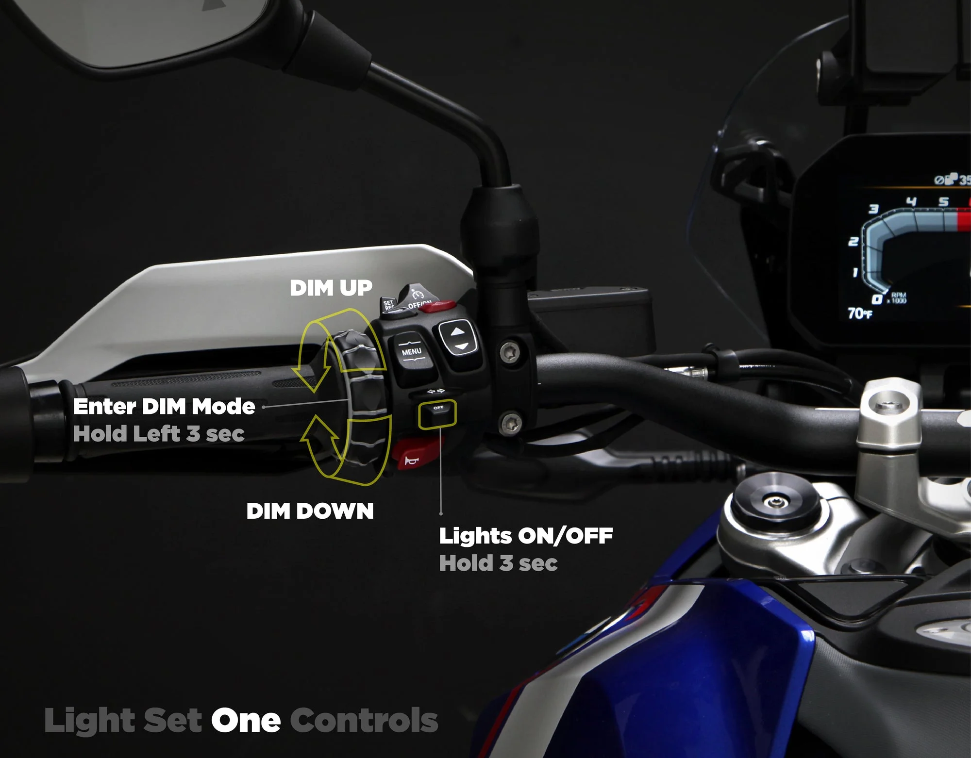 Управление дополнительными фарами с левого пульта BMW R1300GS: колесо Wonder Wheel и кнопки